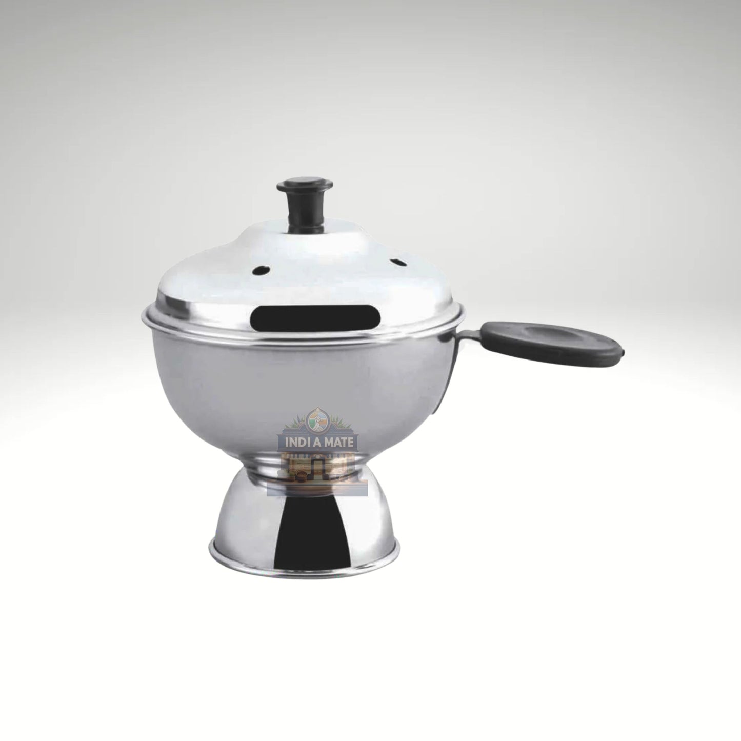 Stainless steel pot with lid on a white background