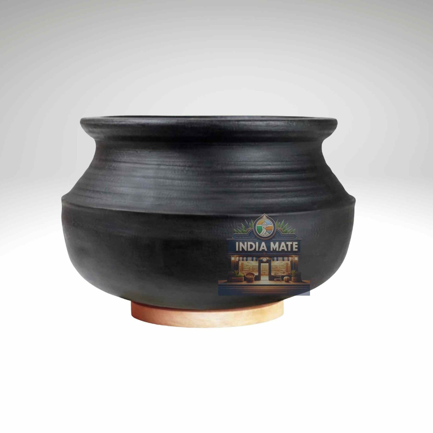 Black ceramic pot with 'India Mate' branding on a white background