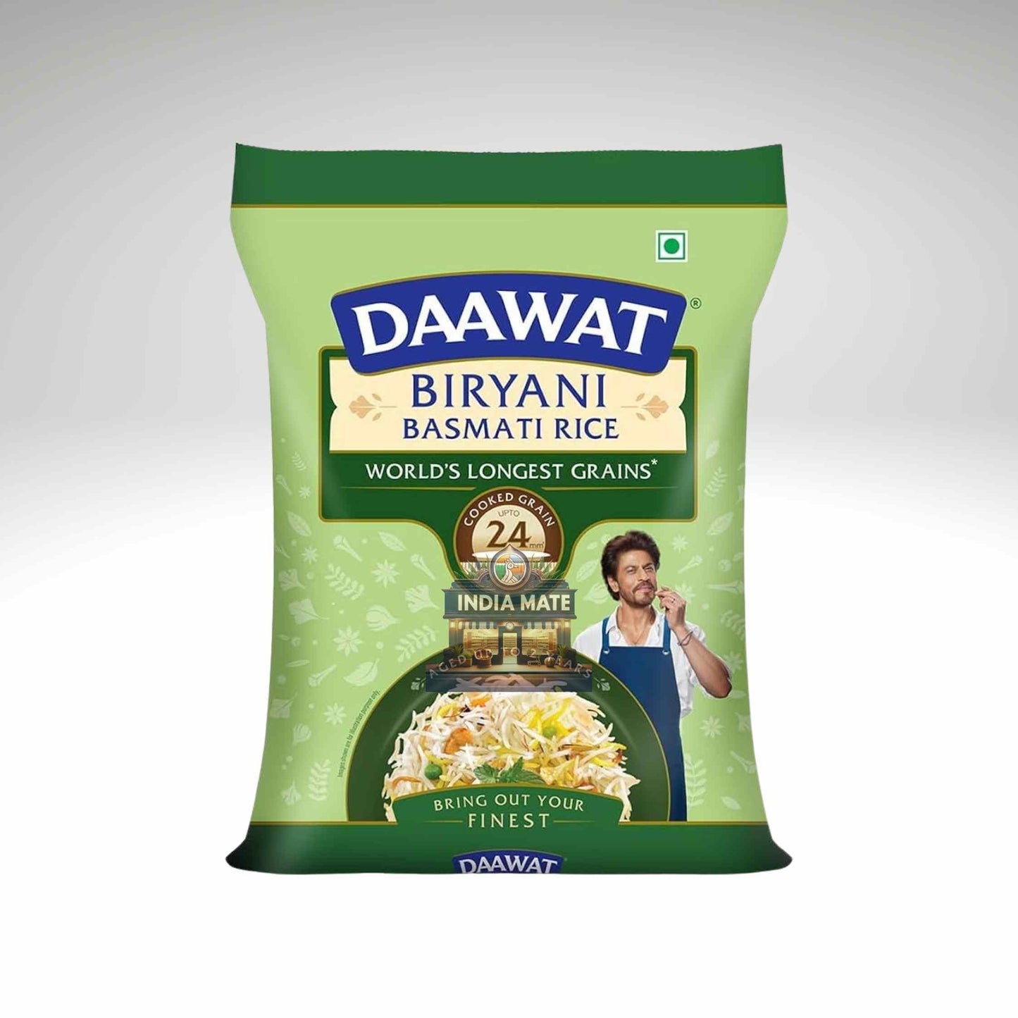 Daawat Biryani Basmati Rice packaging on a white background.