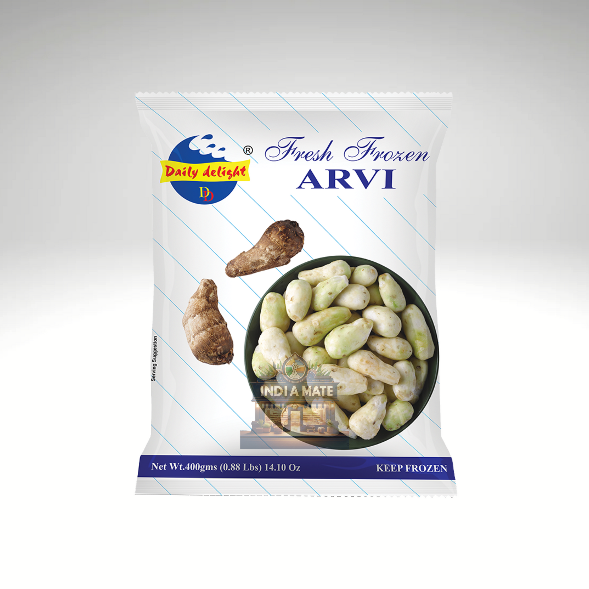Daily Delight Arvi – Fresh frozen taro root slices for traditional Indian and Asian cooking.