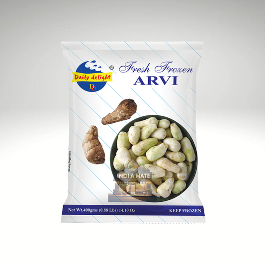 Daily Delight Arvi – Fresh frozen taro root slices for traditional Indian and Asian cooking.