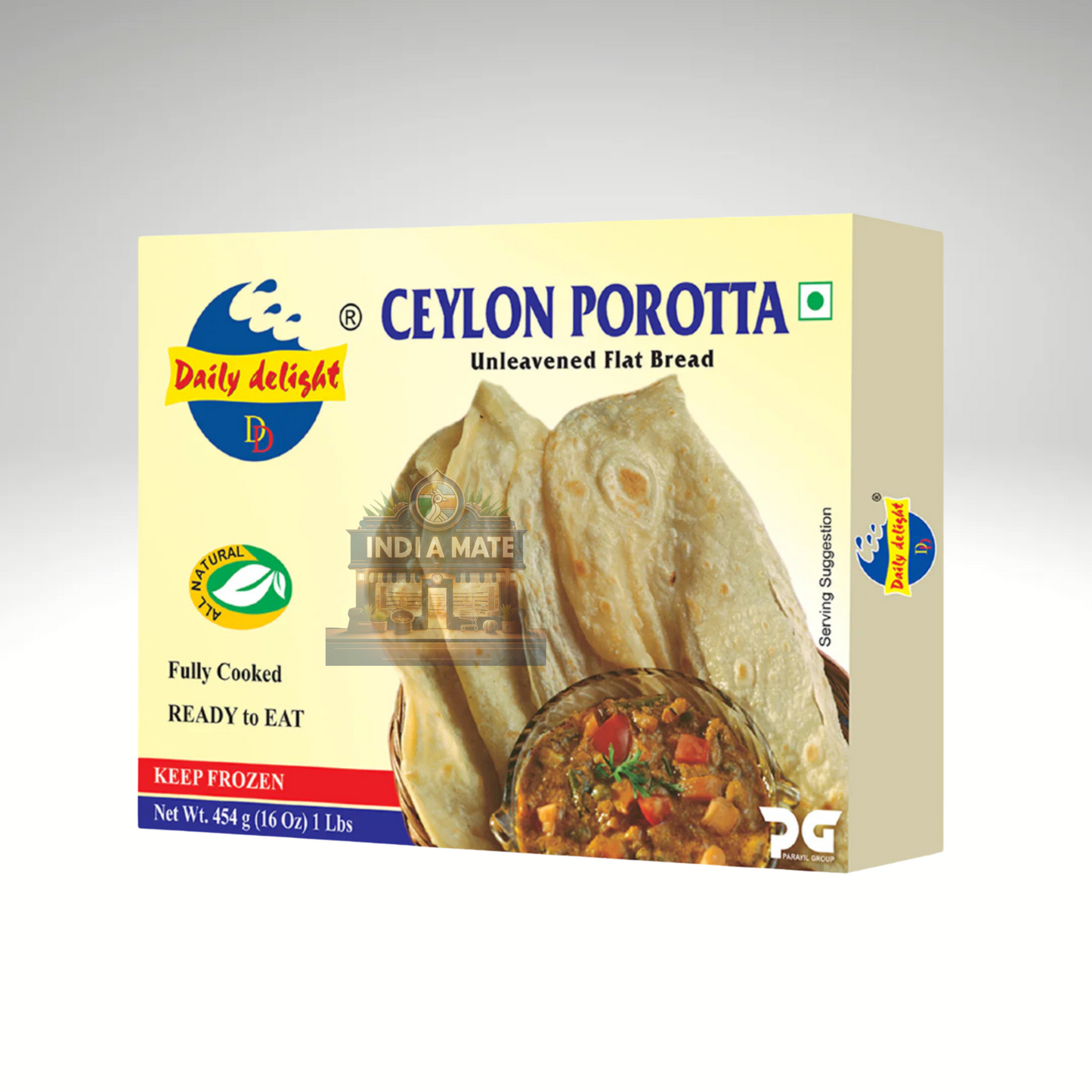 Ceylon Porotta packaging with images of flatbread and a dish on a gray background