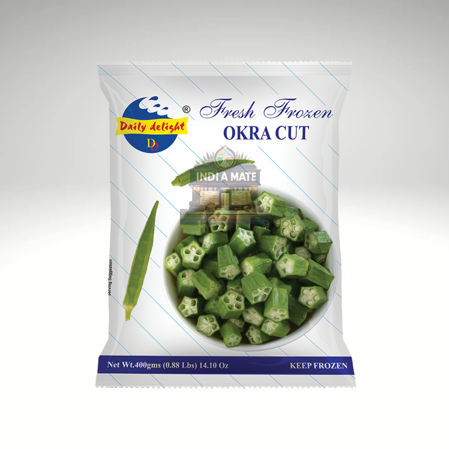 Packaged frozen okra with branding on a white background