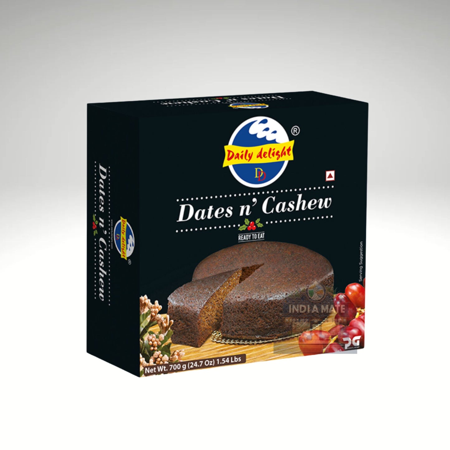 Box of 'Dates n' Cashew' cake with a visible brand logo on a gray background