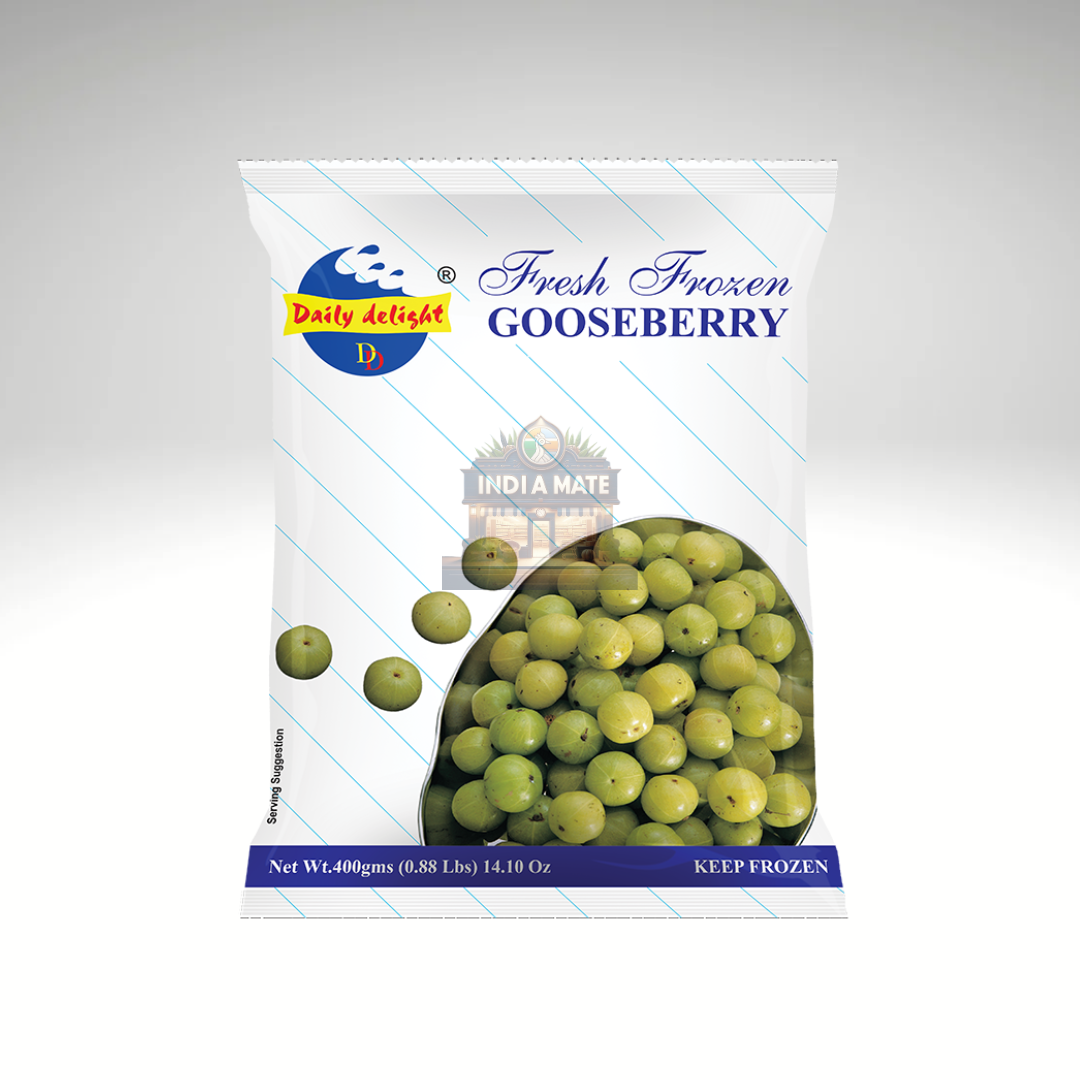 Packaging of Daily Delight fresh frozen gooseberries on a white background