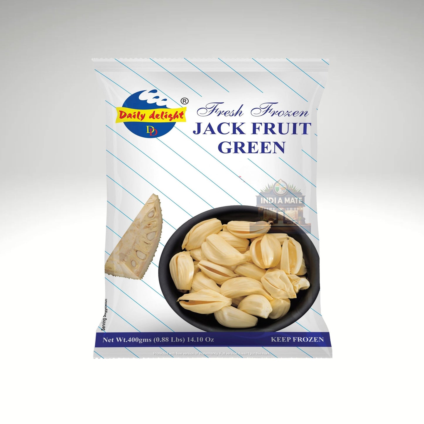 Packaged green jackfruit with Daily Delight logo on a white background