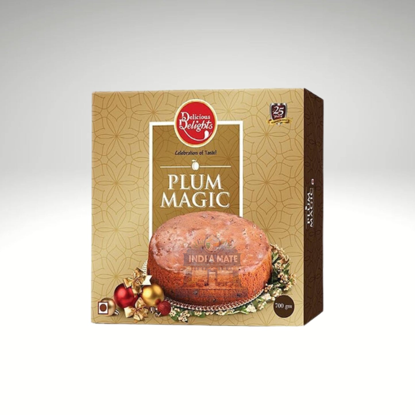 Delicious Delights Plum Magic cake packaging on a white background