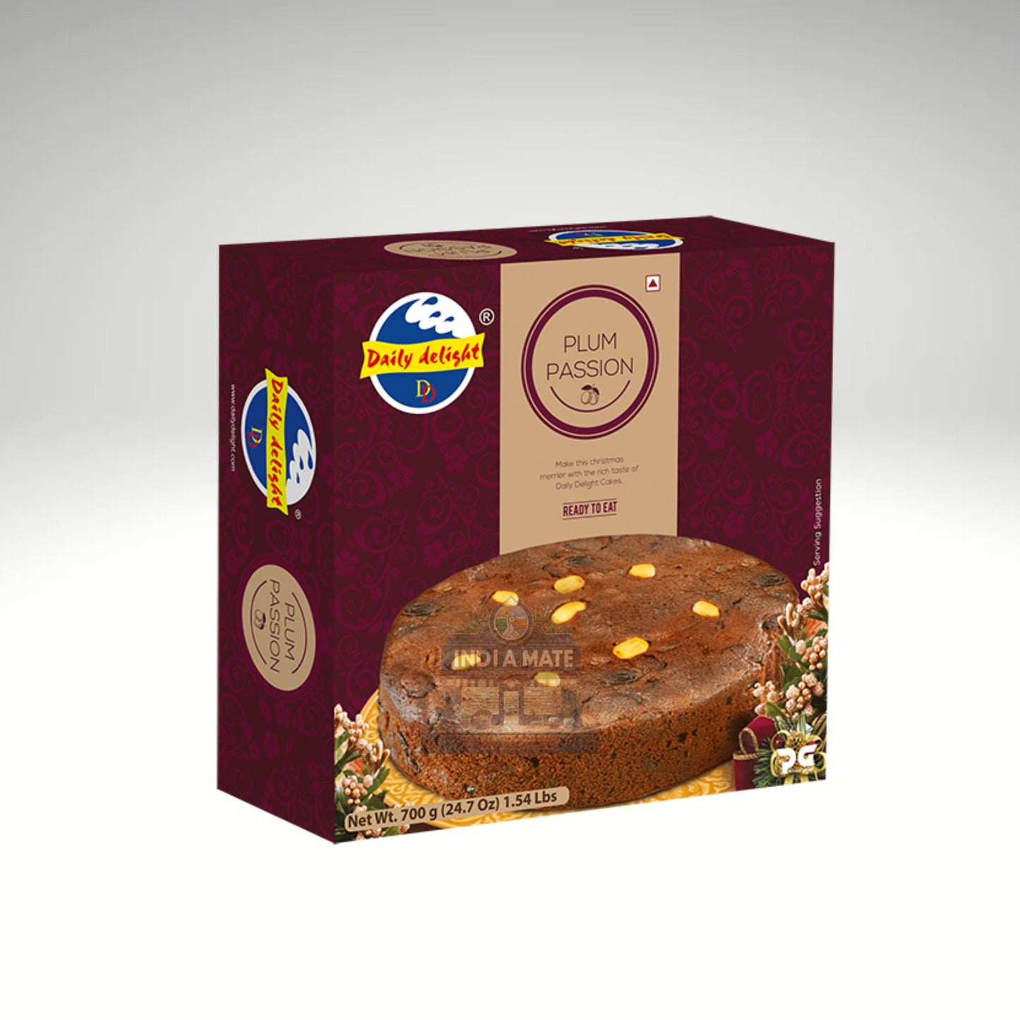 Box of Plum Passion cake with Daily Delight branding on a gray background