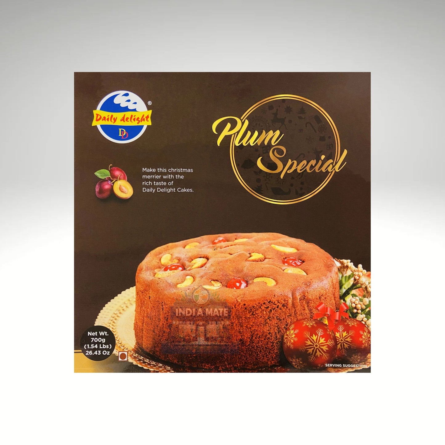 Packaging of Daily Delight Plum Special cake with a brown background