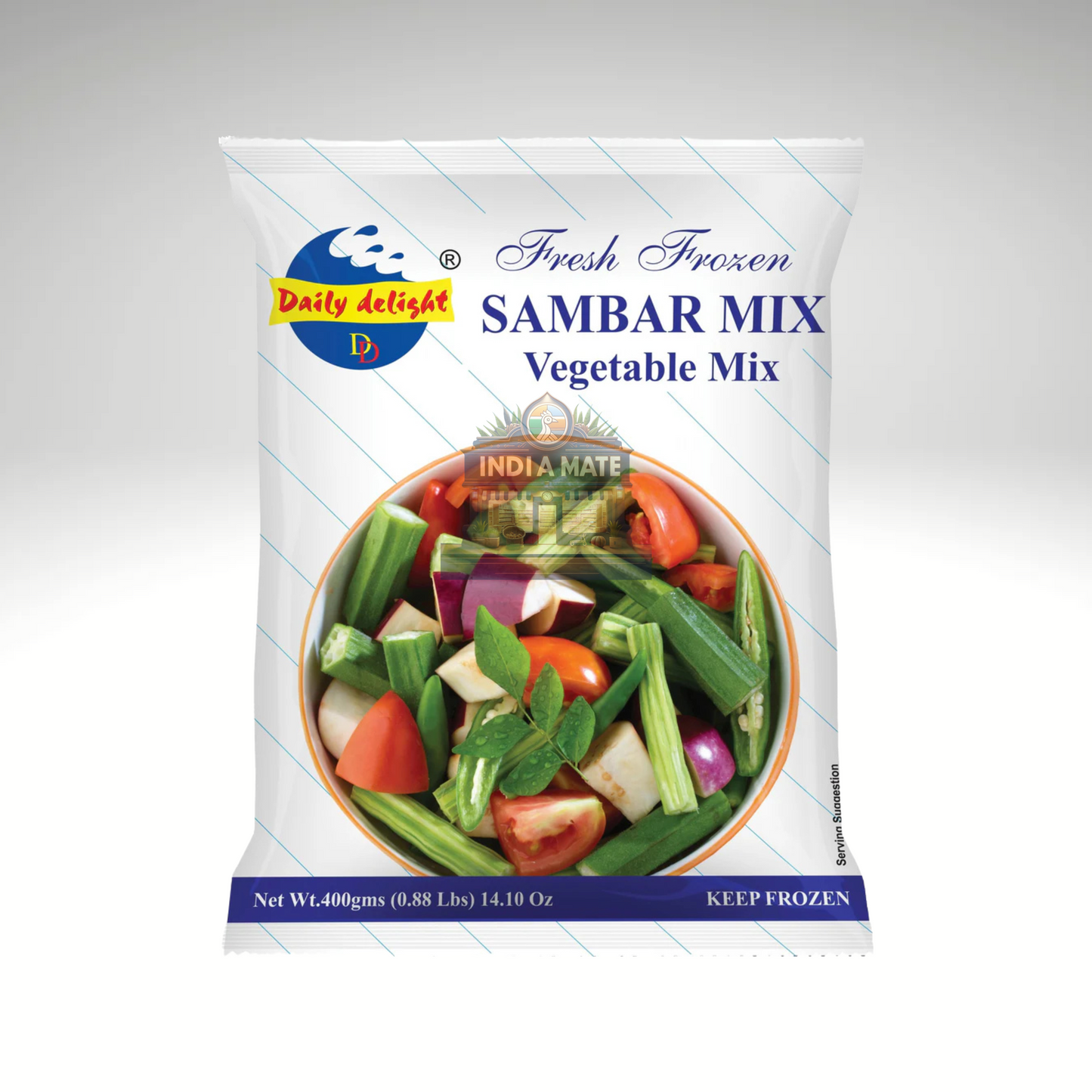 Packaging of Daily Delight Sambar Mix Vegetable Mix on a white background