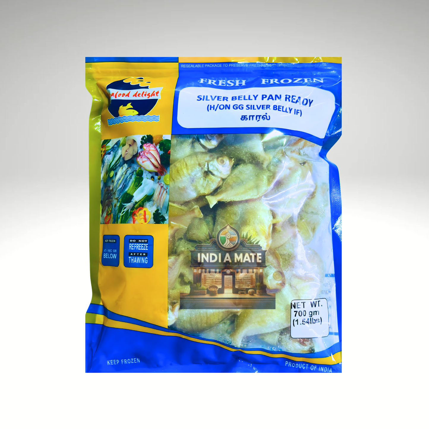 Packaged fish with 'India Mate' branding on a gray background