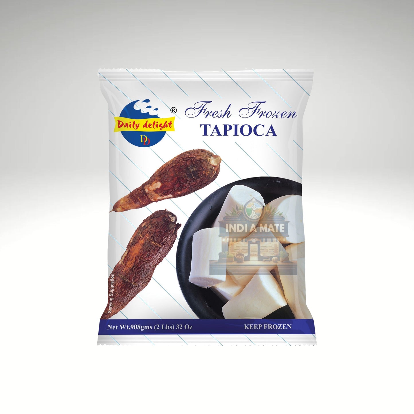 Packaging of Daily Delight Fresh Frozen Tapioca on a white background