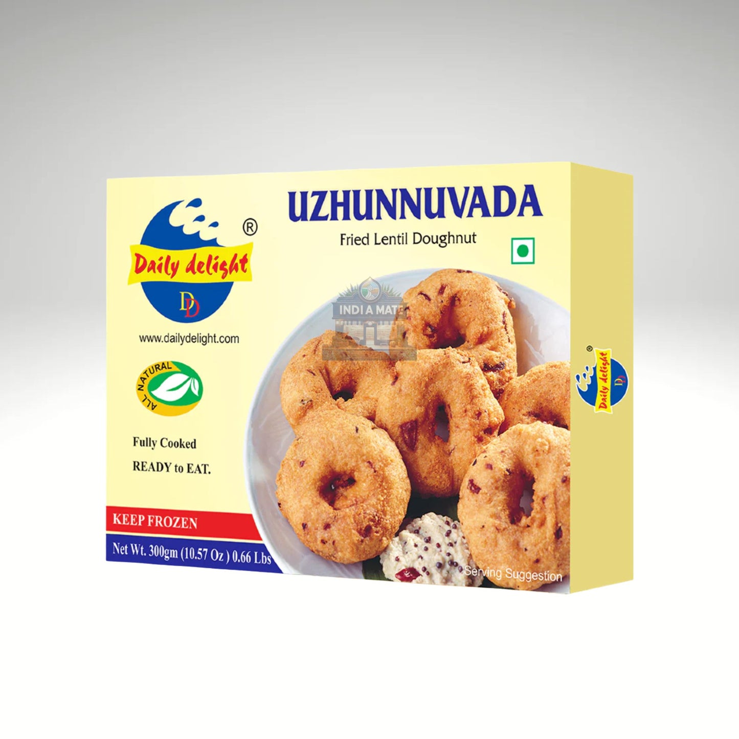 Box of Uzhunnuvada Restaurant Pack fried lentil doughnut with brand logo on a gray background