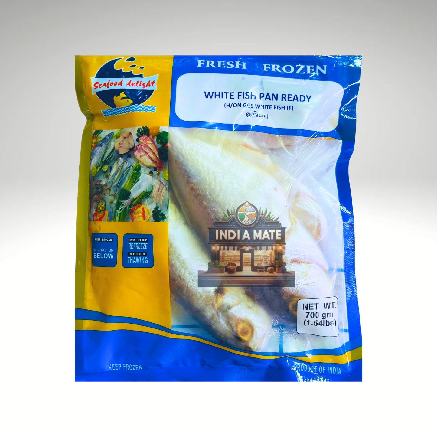 Packaged white fish in a blue and yellow Indi Mate branded packaging on a white background