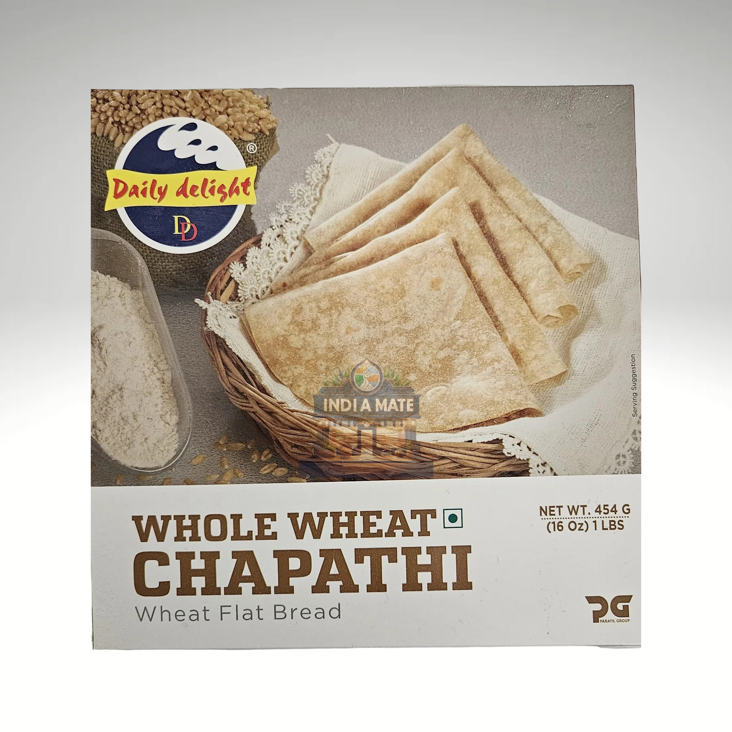 Box of whole wheat chapathi with branding on a gray background