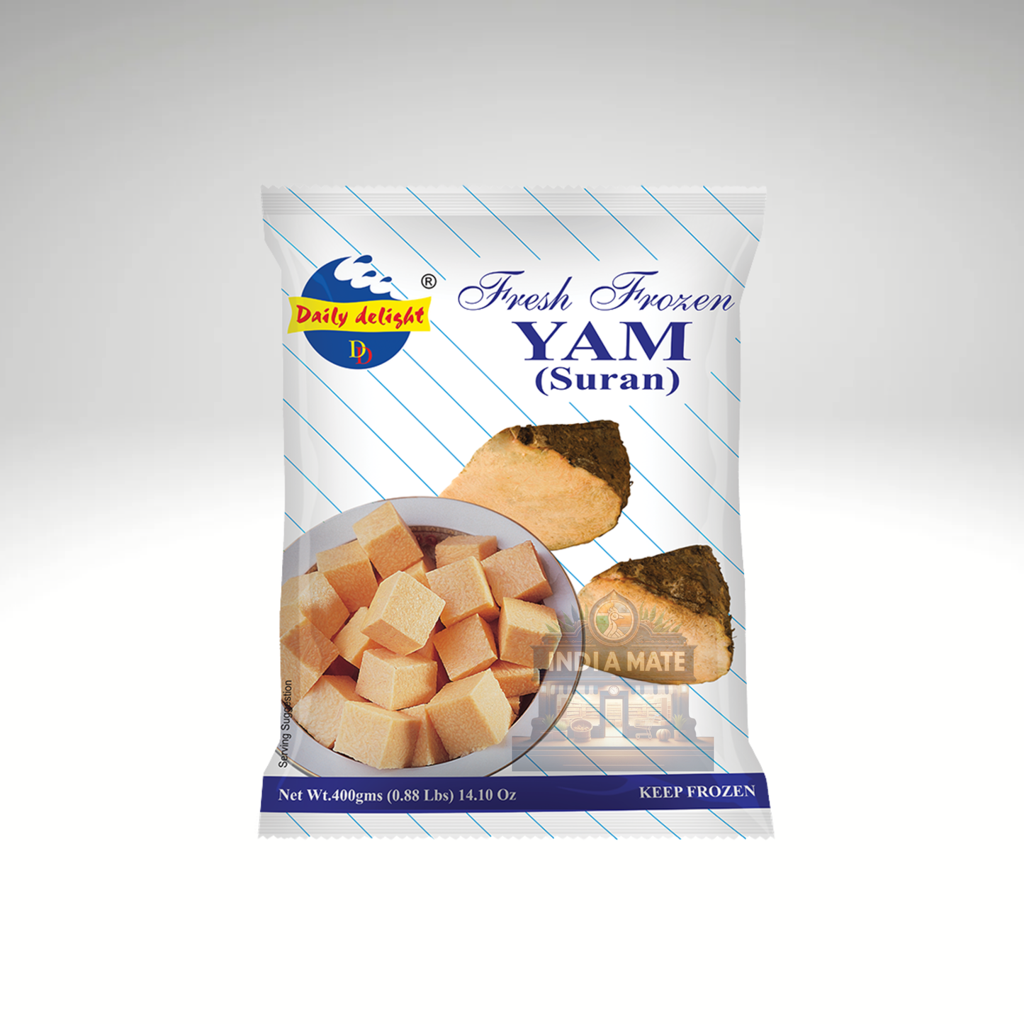 Packaged frozen yams with a brand label on a light gray background