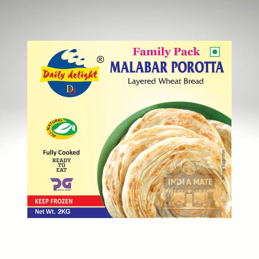 Packaging of Daily Delight Malabar Porotta layered wheat bread with a picture of the bread on a yellow background.
