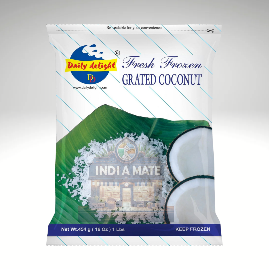 Packaging of Daily Delight Fresh Frozen Grated Coconut with branding and product details.
