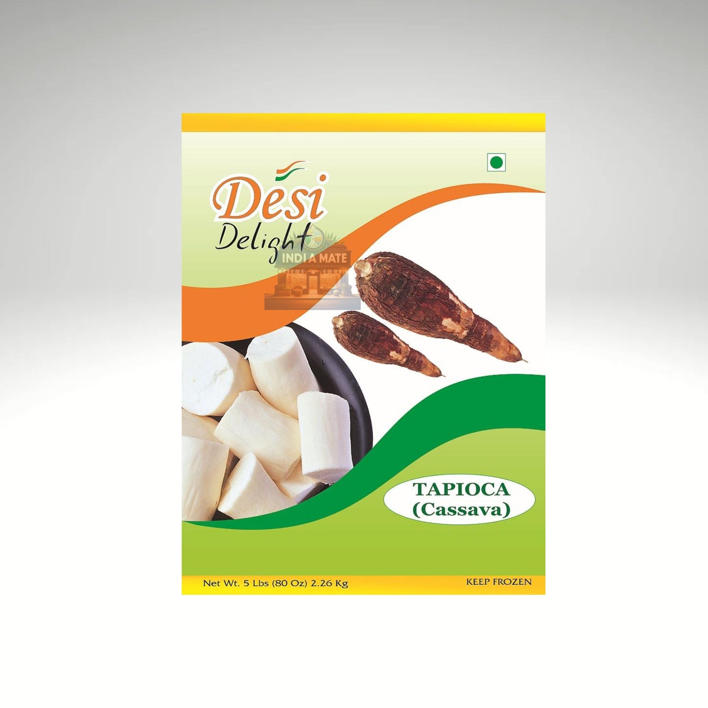 Desi Delight tapioca (cassava) packaging on a gray background