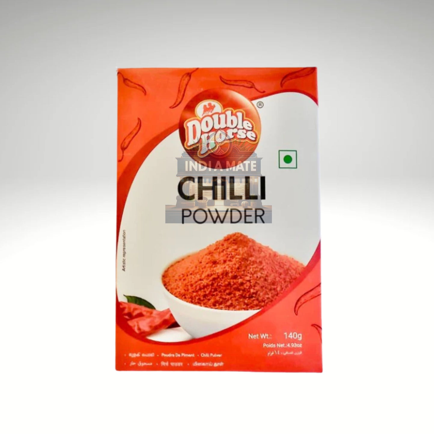 Double Horse Chilli Powder packaging on a gray background