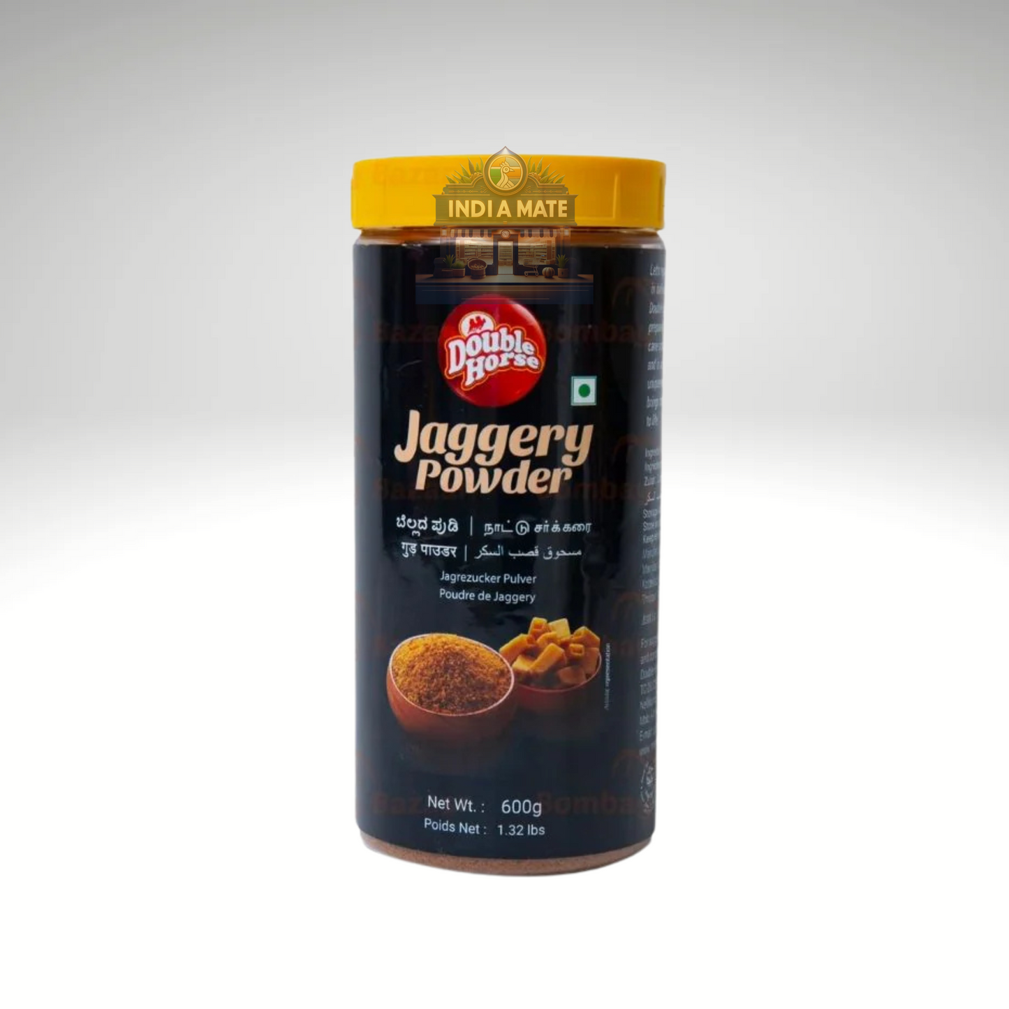 Container of Double Horse Jaggery Powder on a white background