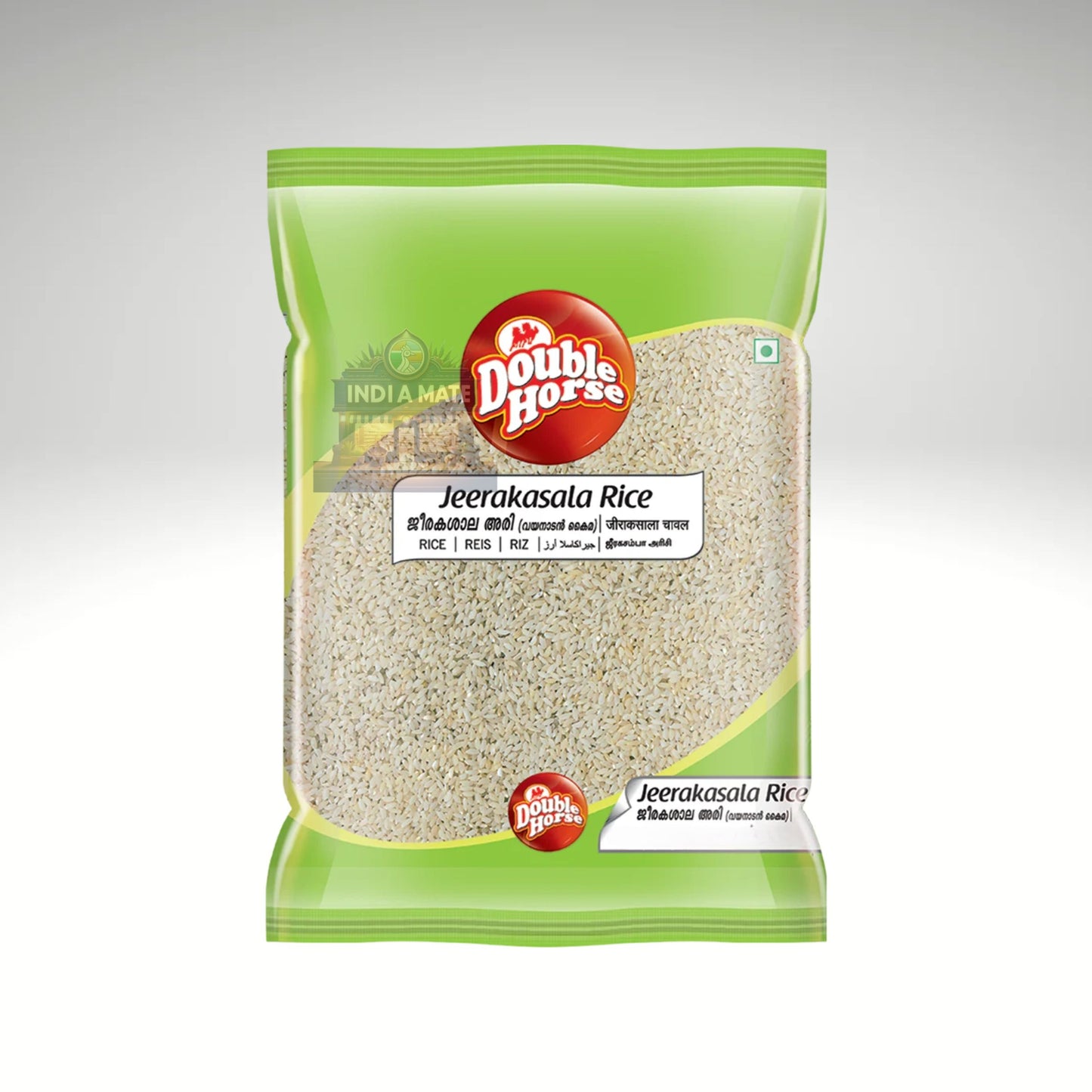 Packaged rice with Double Horse branding on a gray background