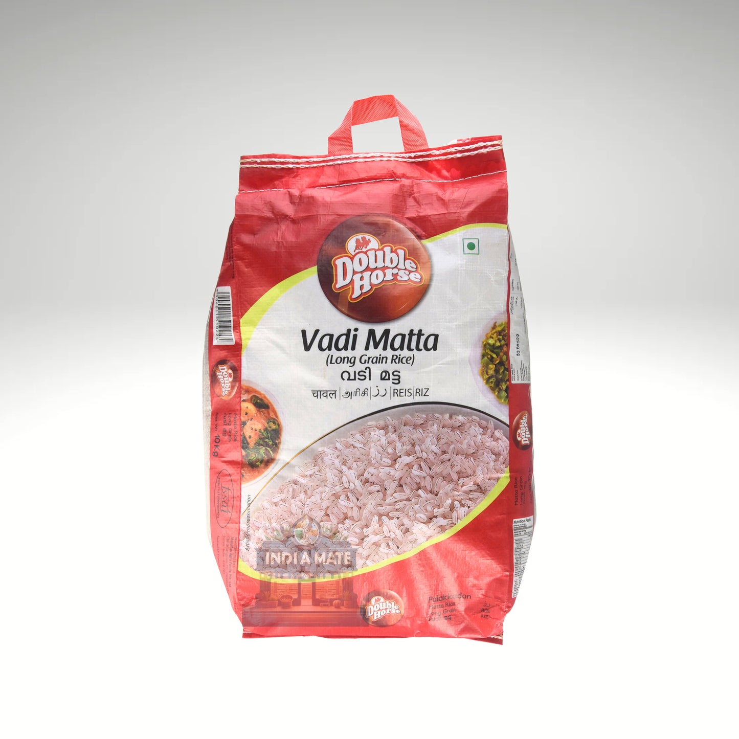 Red bag of Double Horse Vadi Matta rice on a white background