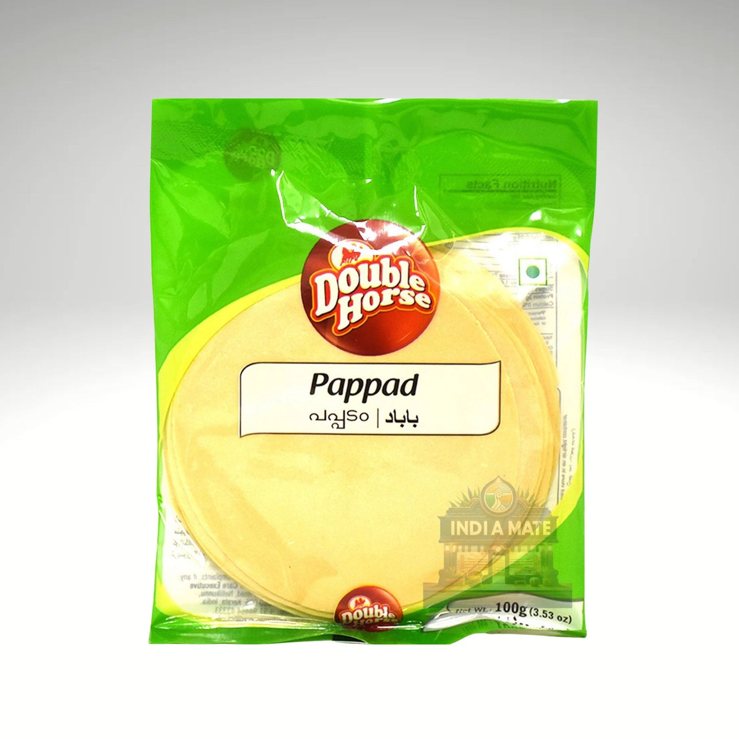Packaged pappad with Double Horse branding on a gray background