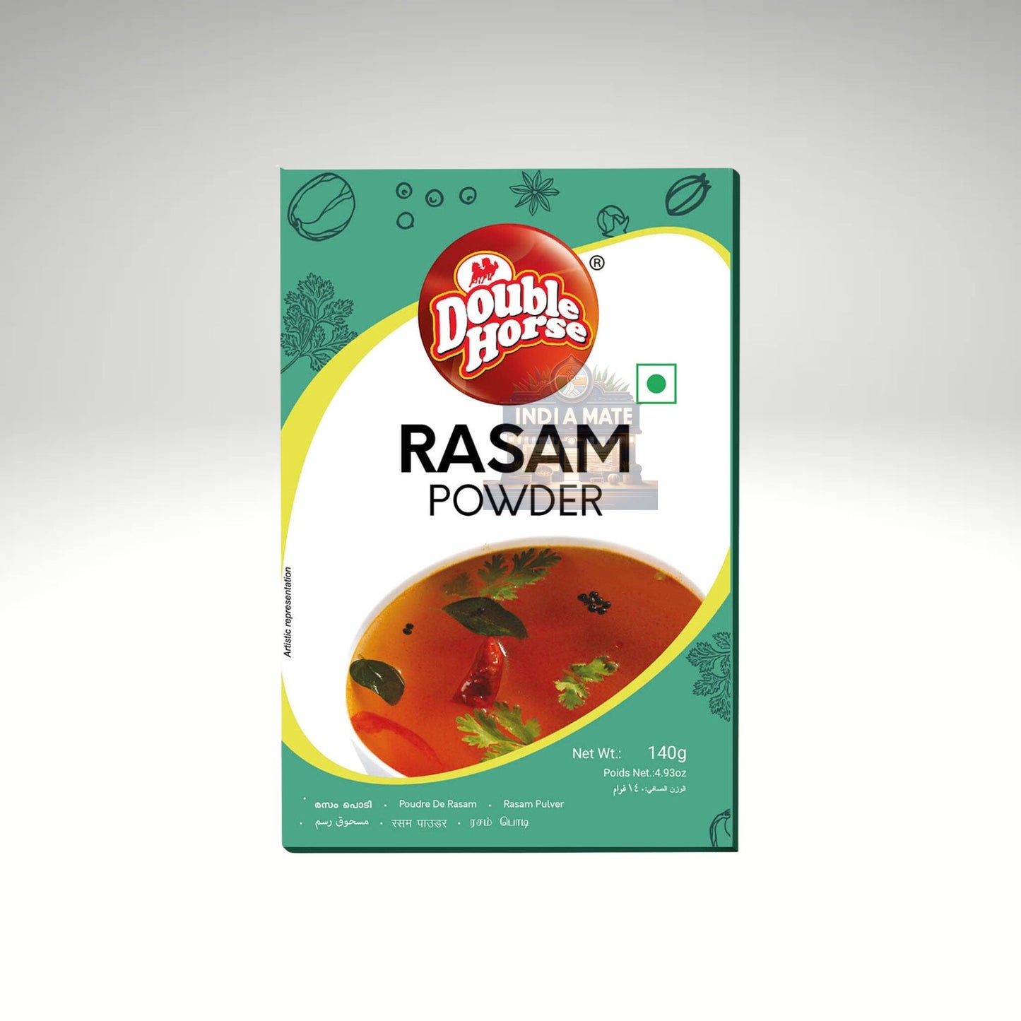 Double Horse Rasam Powder packaging on a white background