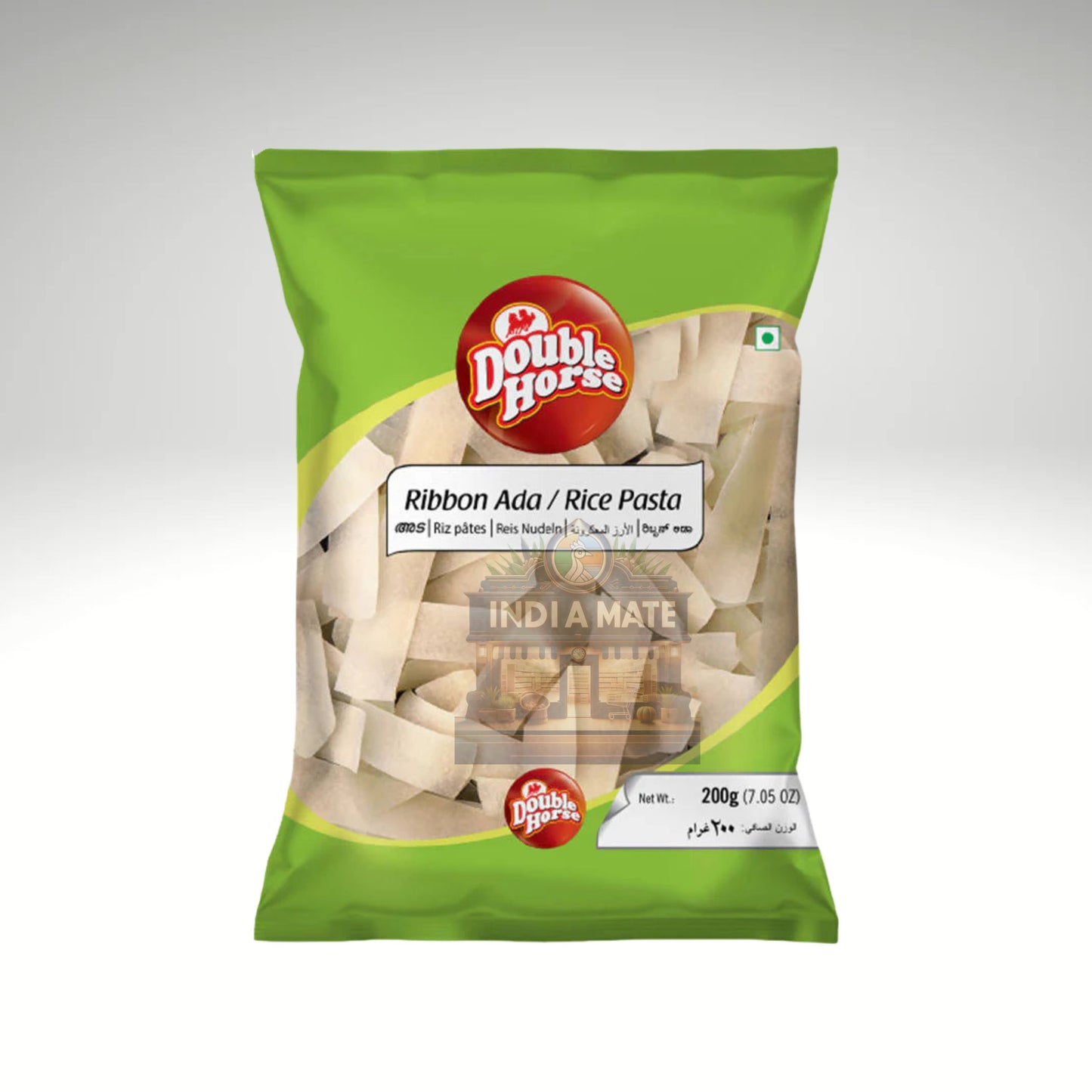 Green package of Double Horse Ribbon Ada/Rice Pasta on a white background