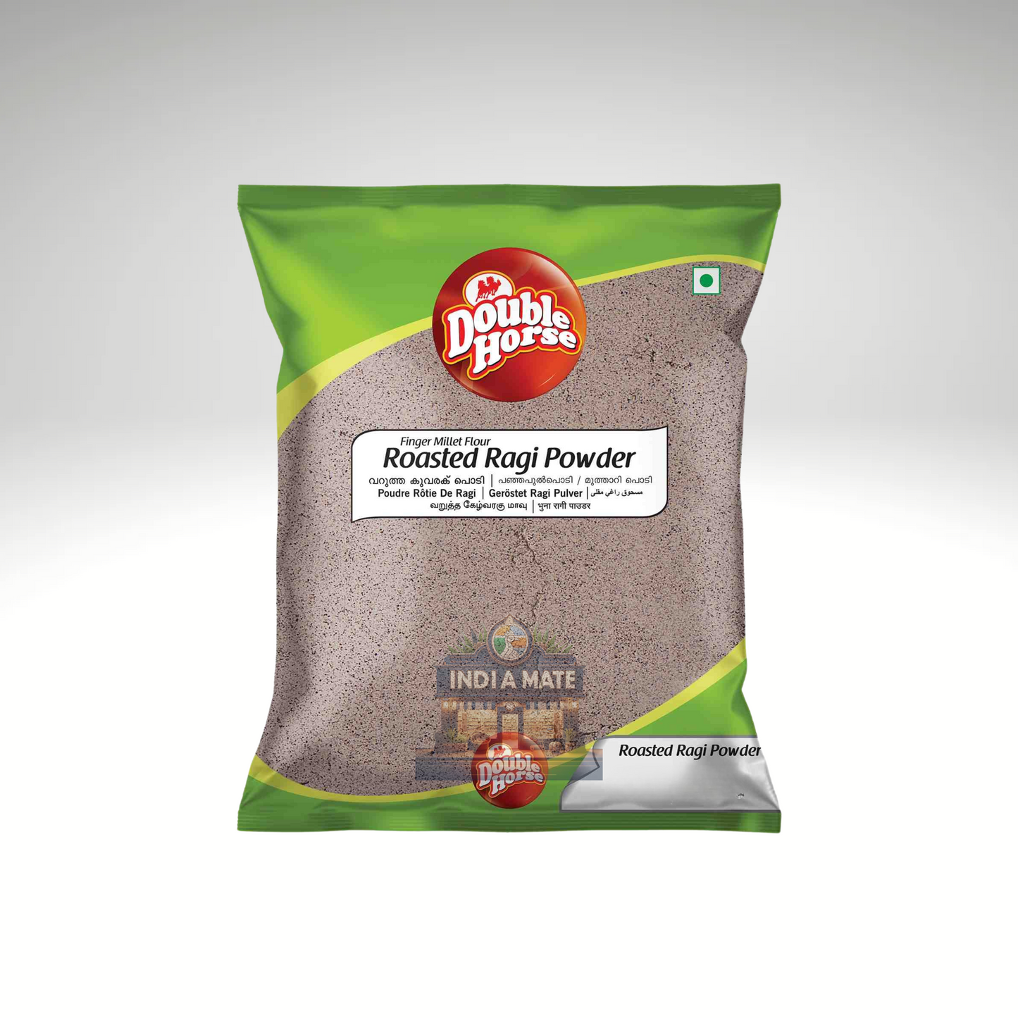 Bag of Double Horse Roasted Ragi Powder with green and brown packaging on a white background