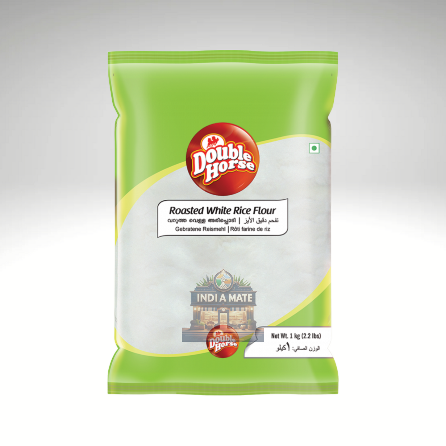 Green package of Double Horse Roasted White Rice Flour on a white background