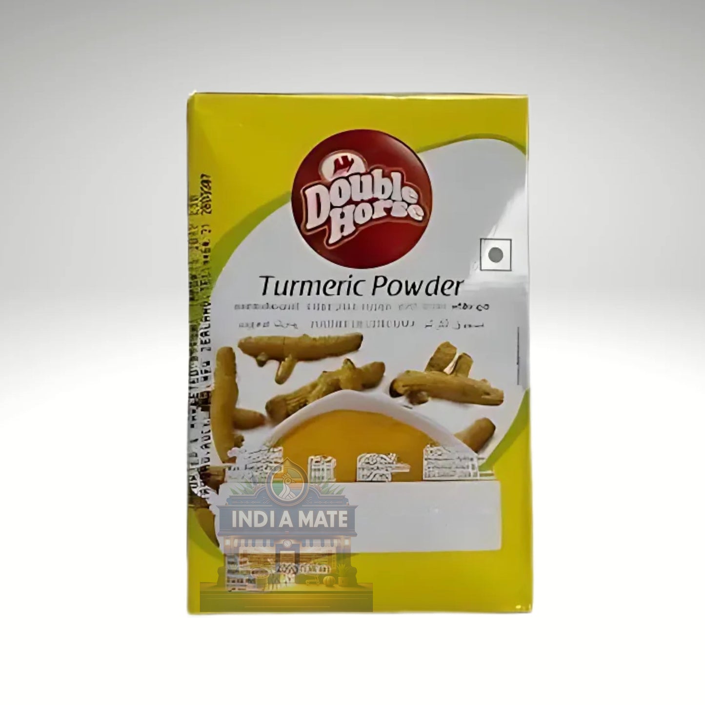 Box of Double Horse Turmeric Powder on a white background