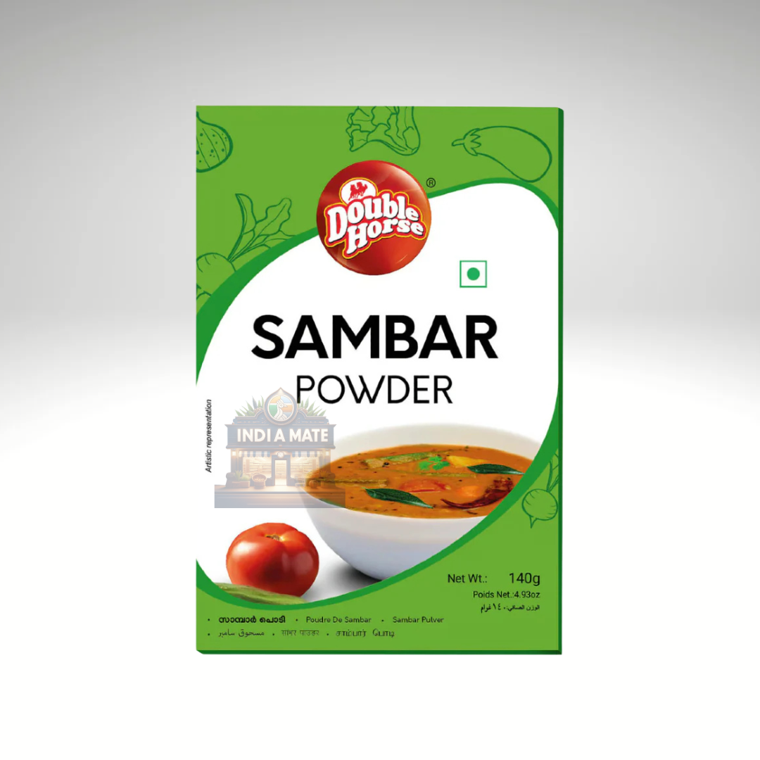 Double Horse Sambar Powder packaging on a gray background