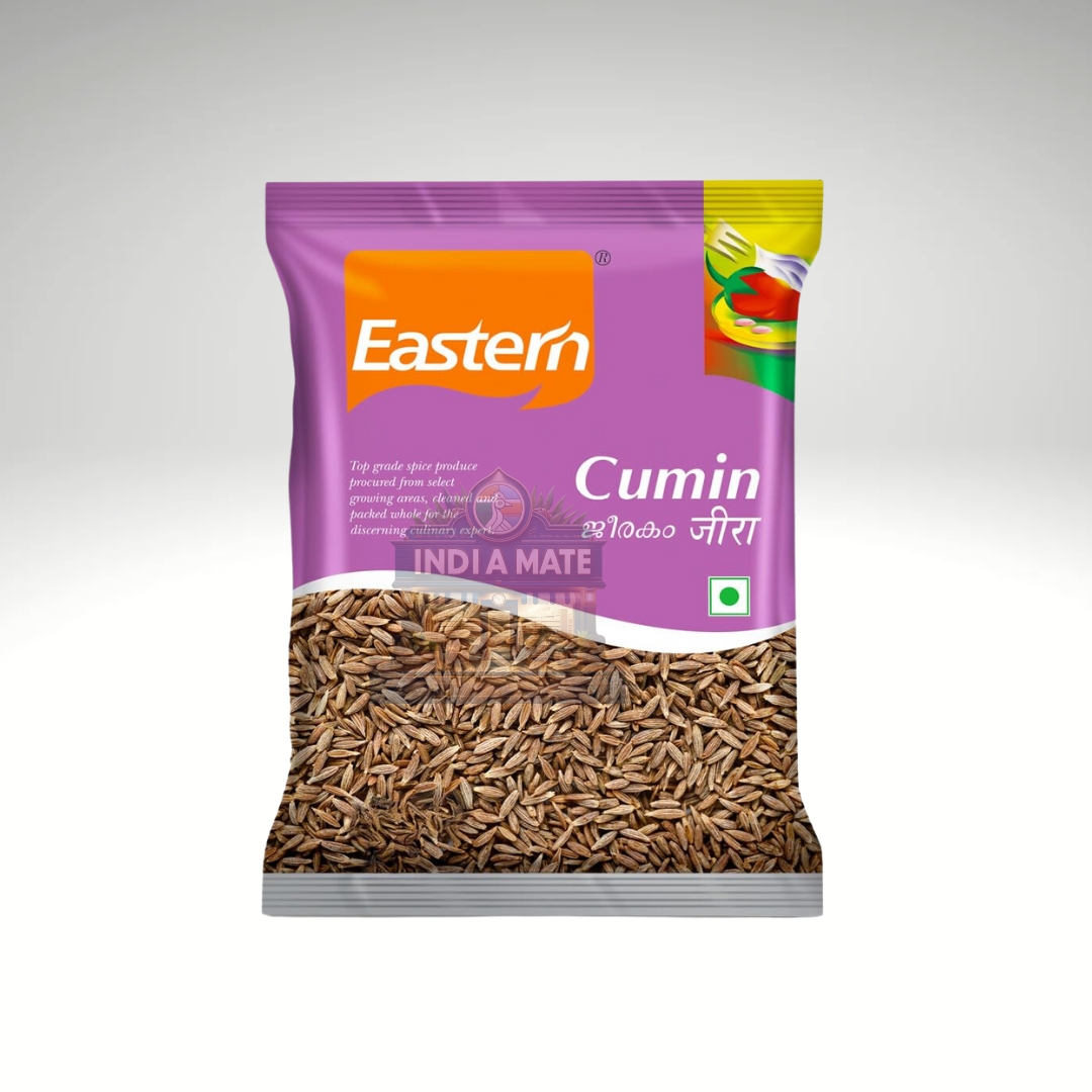 Packaged cumin seeds with 'Eastern' brand on a gray background