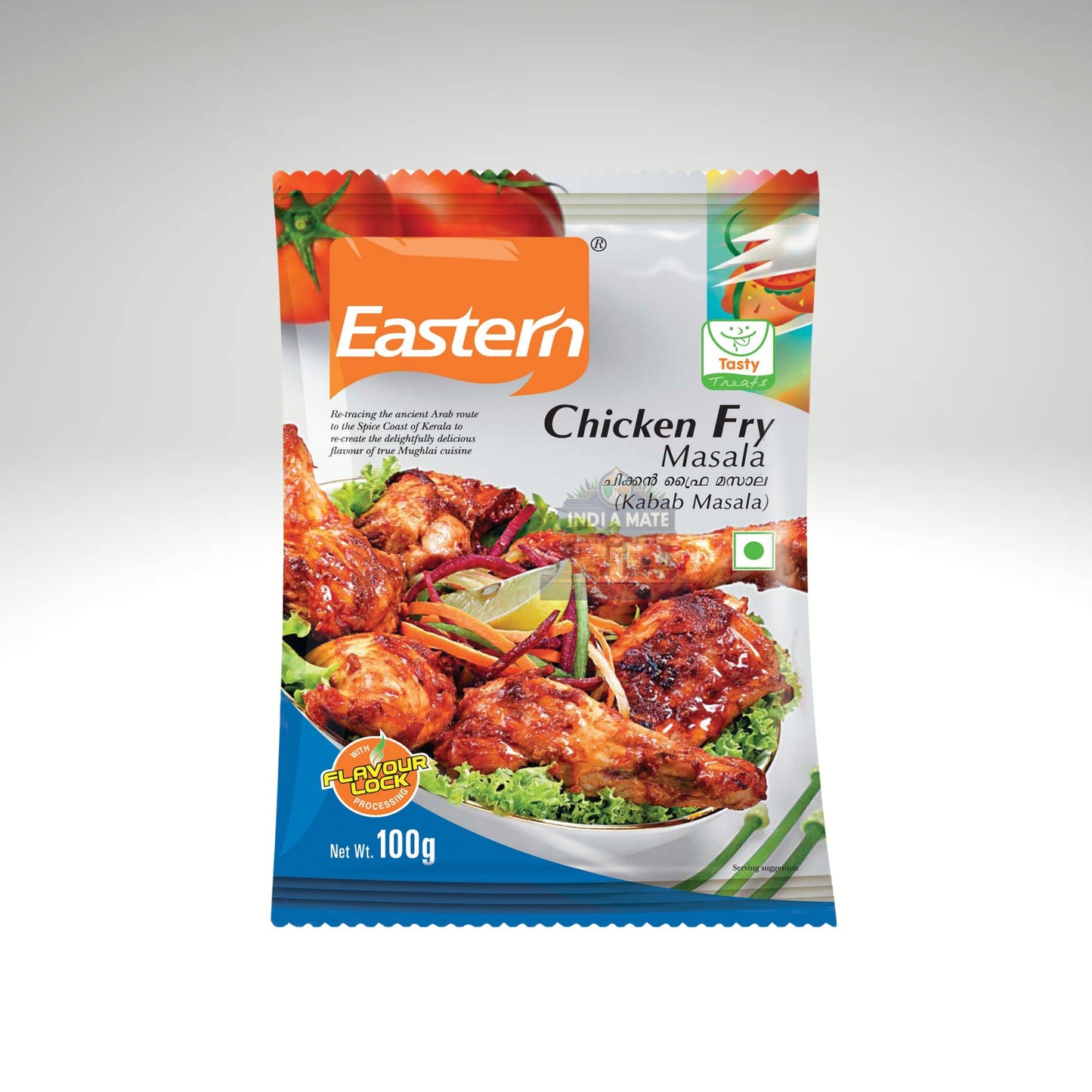 Packaging of Eastern Chicken Fry Masala with images of chicken and vegetables on a white background