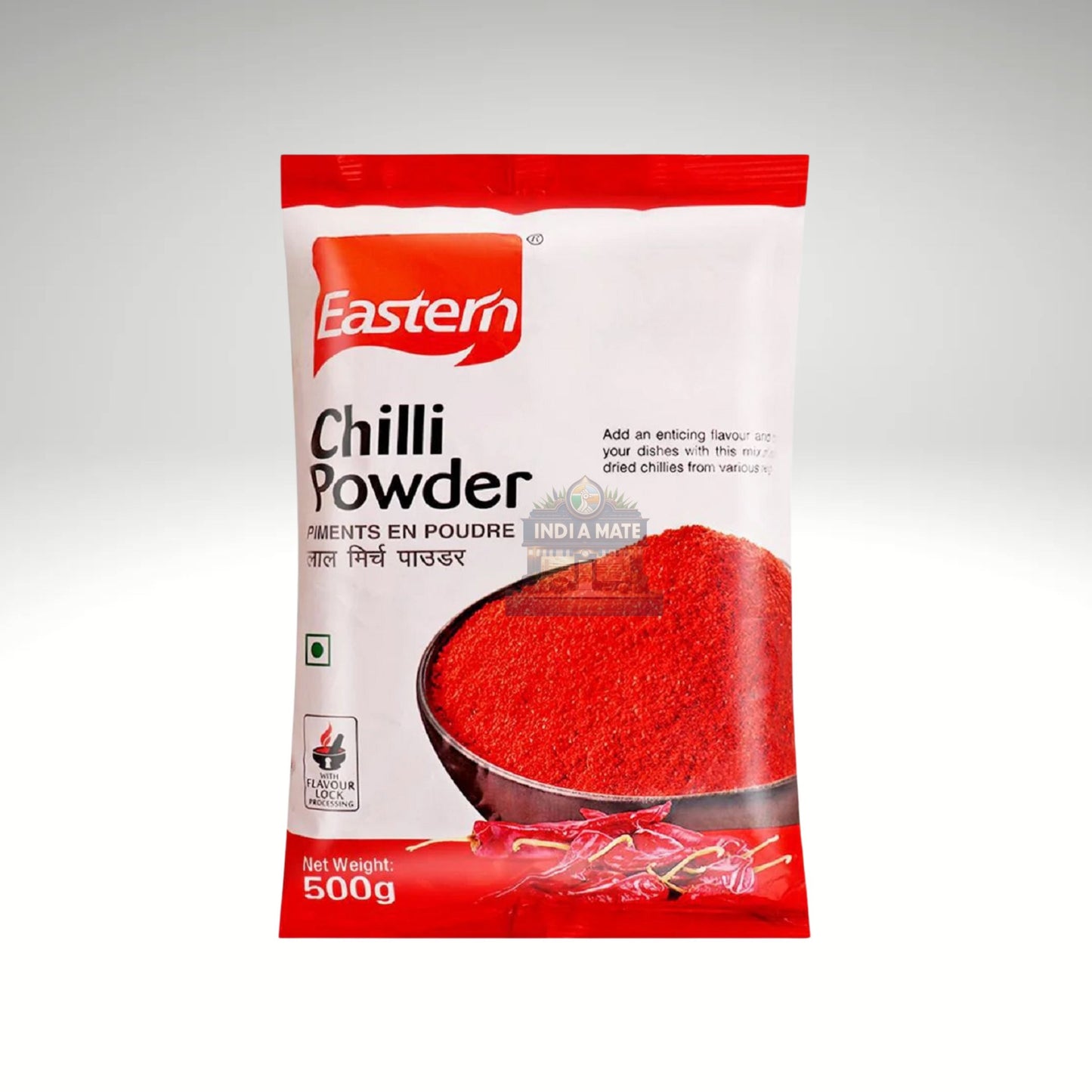 Packaging of Eastern Chilli Powder on a white background