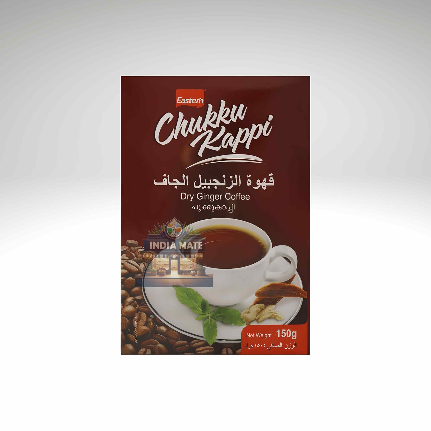 Eastern Chukka Kappi Dry Ginger Coffee in a 150g packet, featuring a dark brown background with a white cup of coffee, ginger root, and coffee beans.