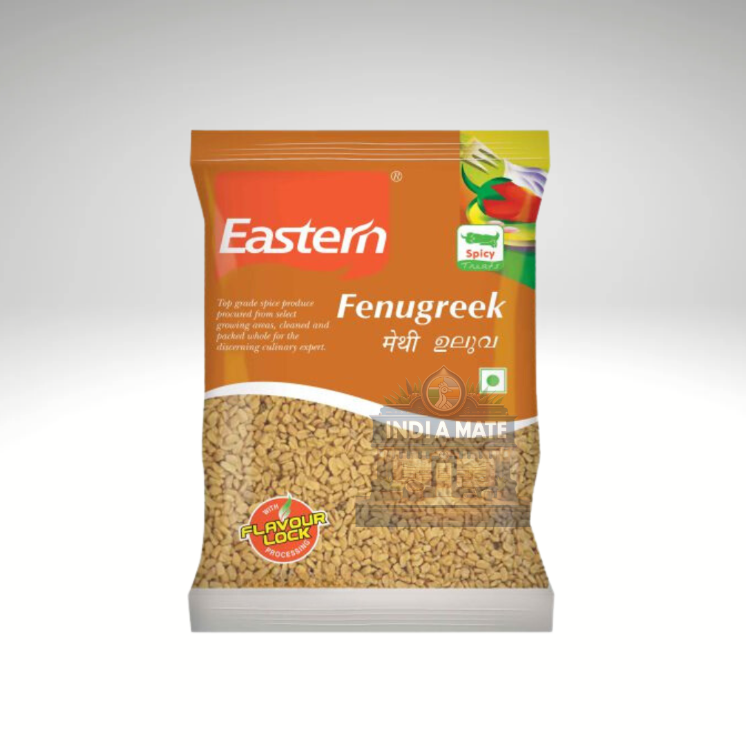 Packaged fenugreek seeds with 'Eastern' branding on a white background