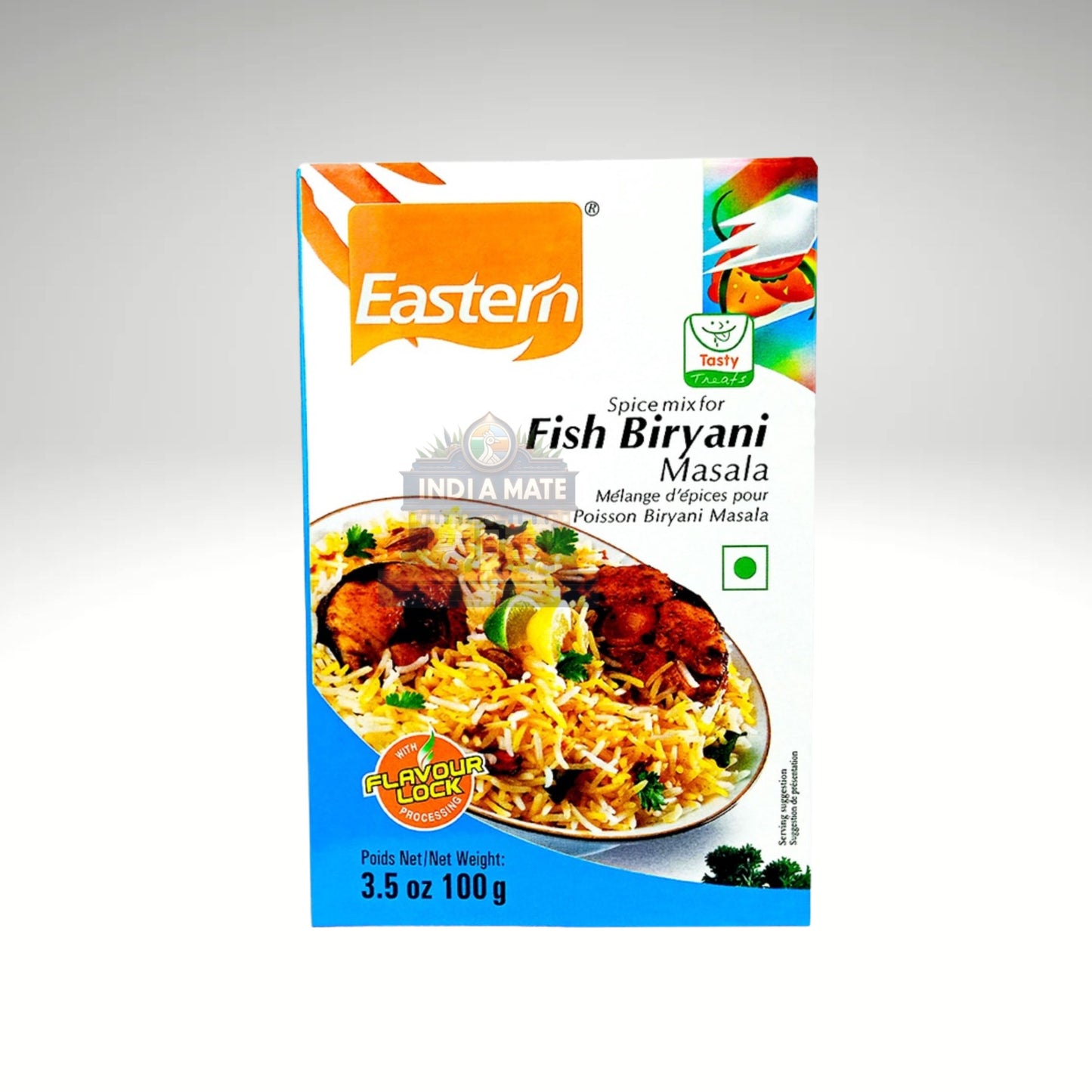 Box of Eastern Spice Mix for Fish Biryani Masala on a gray background