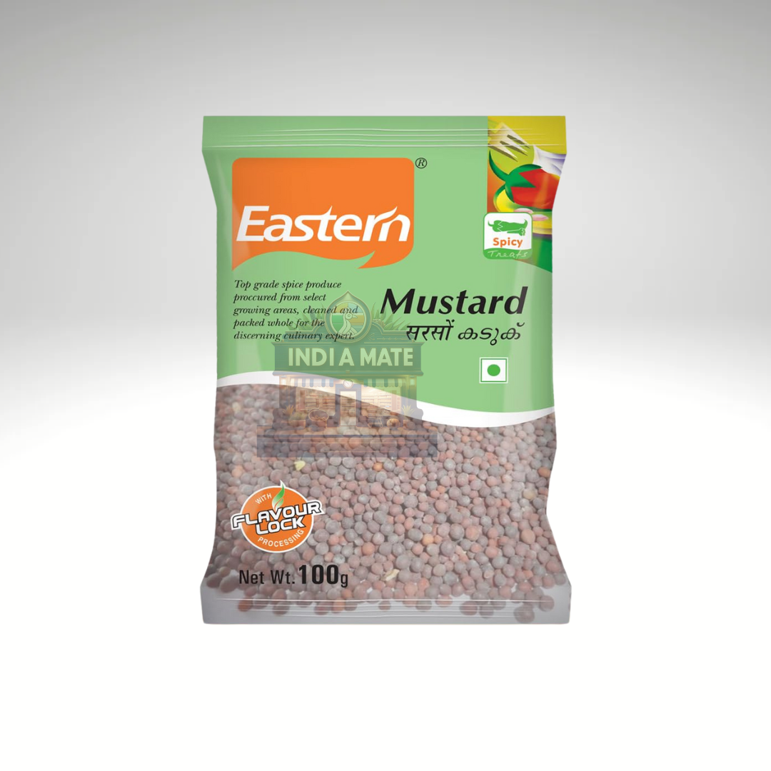 Packaged mustard seeds with 'Eastern' brand on a white background