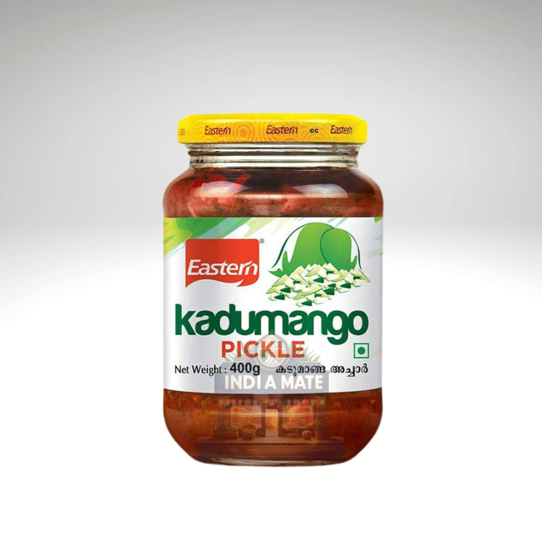 Jar of Eastern Kadumango pickle with a white label on a gray background