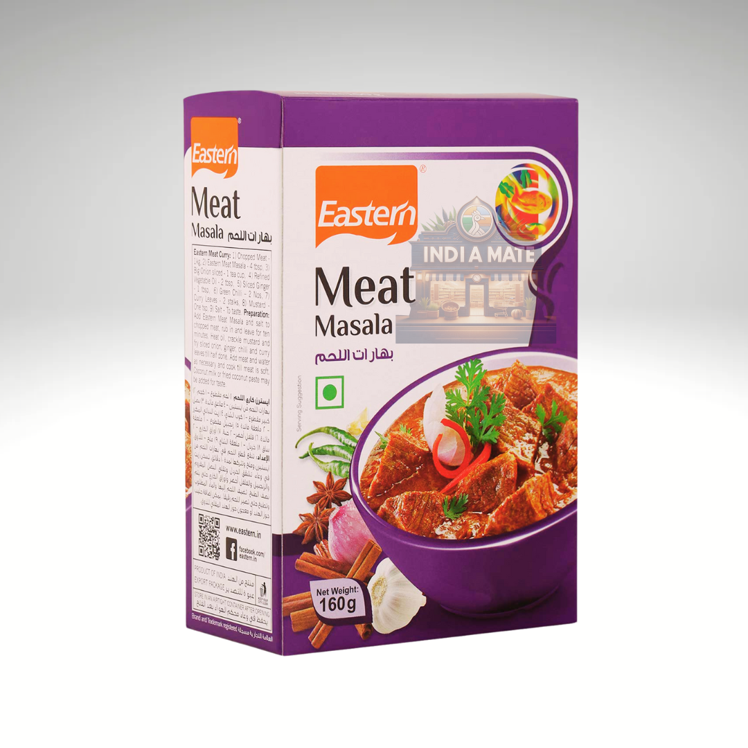 Box of Eastern Meat Masala with a bowl of curry and spices on a white background