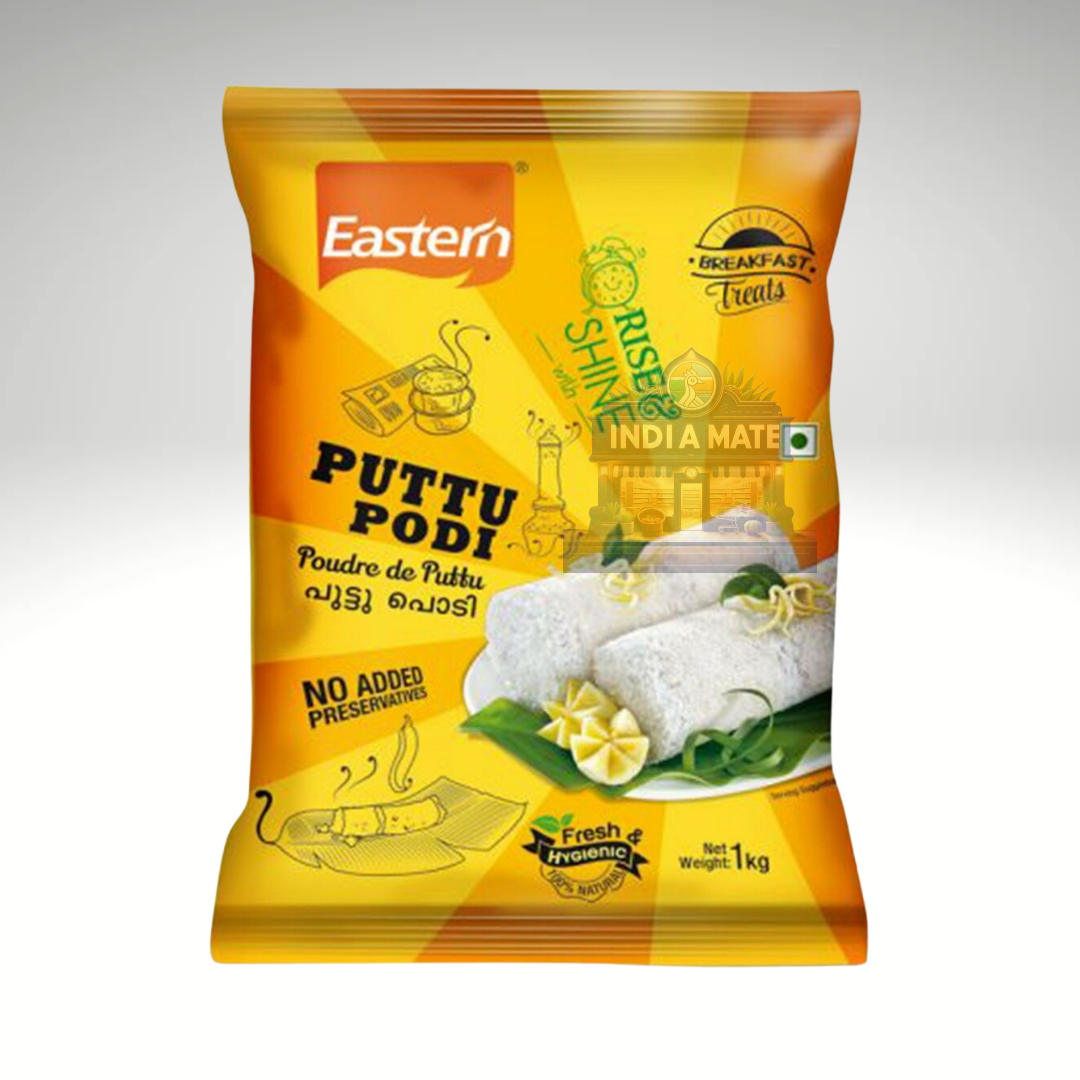 Yellow package of Eastern Puttu Pori on a white background