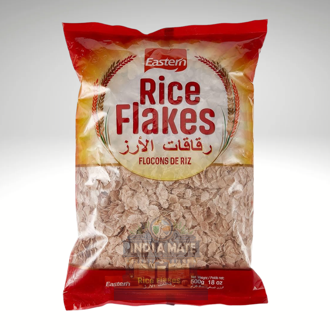 Bag of Eastern Rice Flakes with red and yellow packaging on a white background