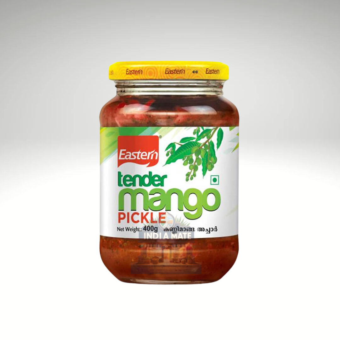 Jar of Eastern tender mango pickle on a white background