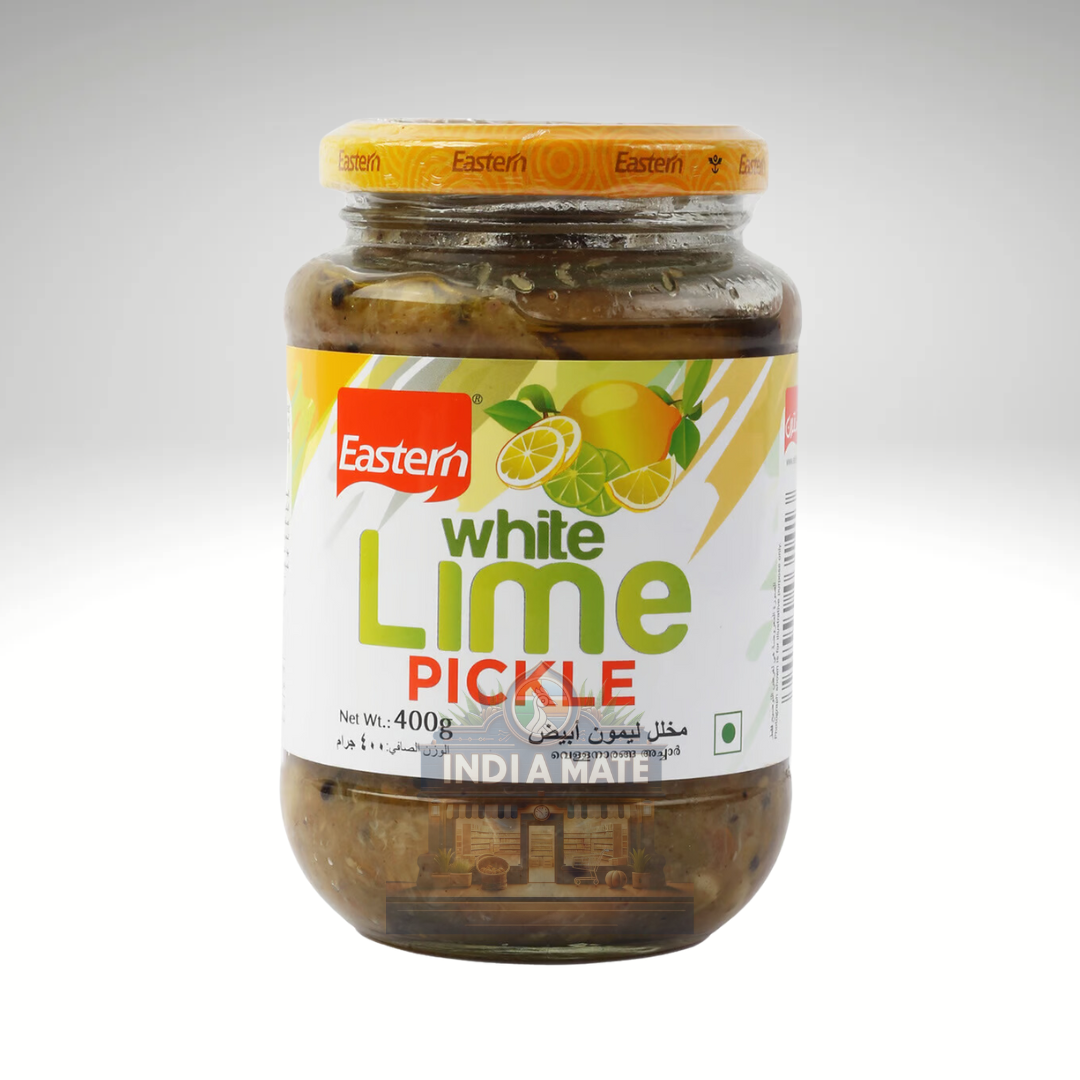 Jar of Eastern White Lime Pickle on a white background