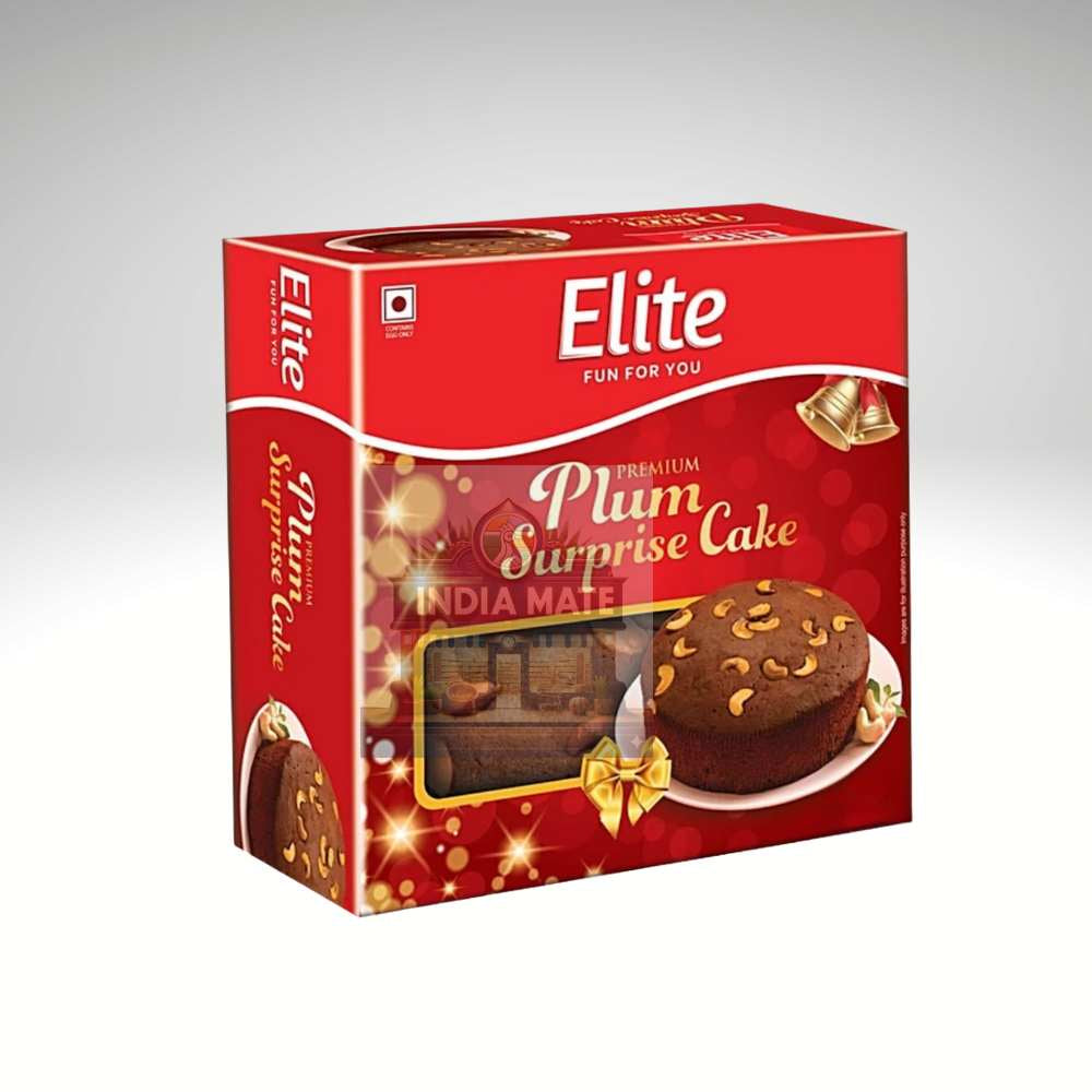 Red Elite cake box with images of plum surprise cake on a white background