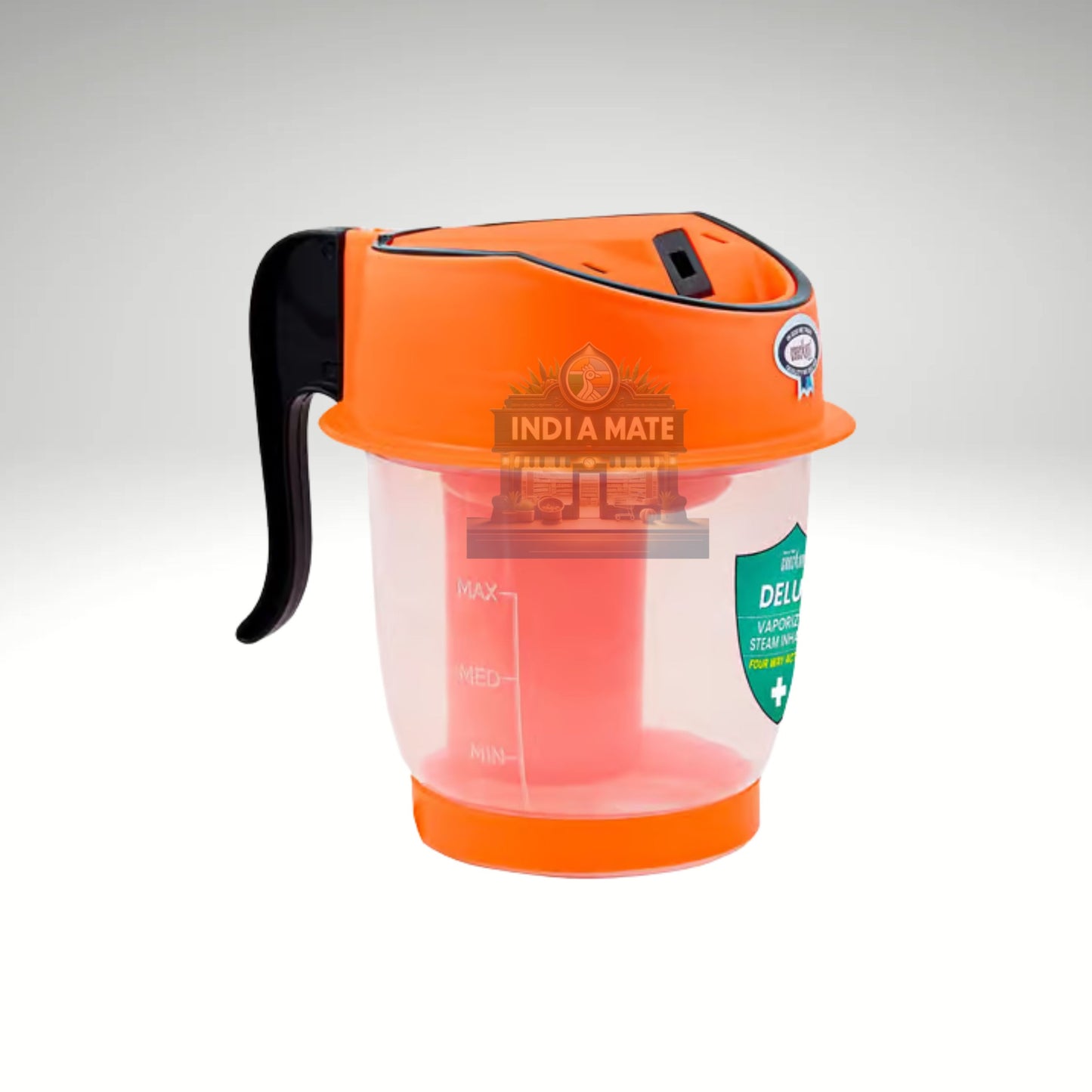 Orange and clear plastic container with black handle on a white background