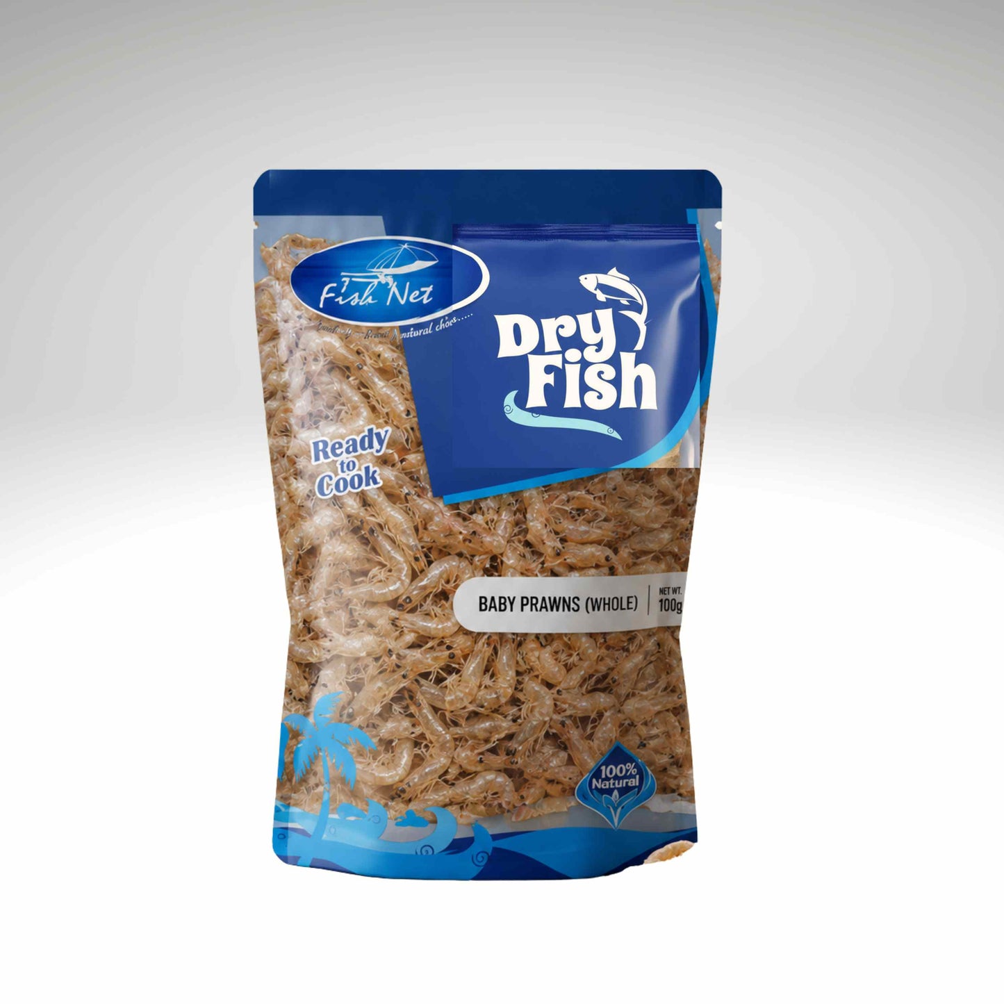 Packaged dry fish product with blue and white label on a gray background